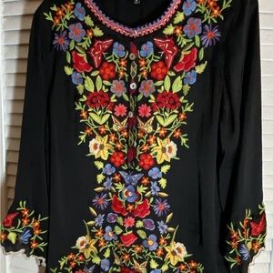 John Mark Black Top with Colorful Floral Embroidery
